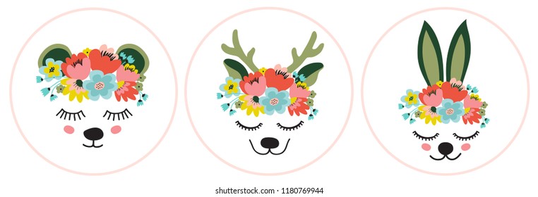 The face of a cute bear, deer, rabbit a wreath of flowers on his head. Eyes closed and smiling. Vector illustration on a white background.