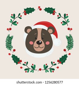 The face of cute bear with a wreath of leaves and twigs. Vector illustration for your design