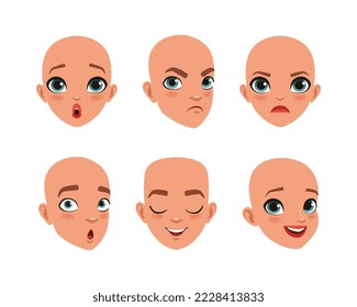 Cara de niño y niña adorable con diferente expresión facial. Creación de caracteres para niños, constructor para ilustración vectorial de dibujos animados