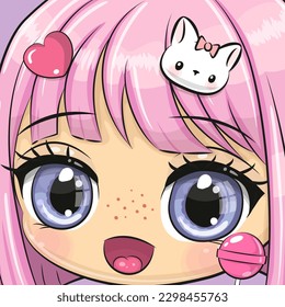 Face of Cute cartoon anime girl with pink hair