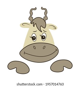 The face of a cute cartoon calf on a white background. Icon, logo, positive character, mascot. Design of clothes, packaging, veb. Isolated illustration on a white background. Flat, cartoon farm animal