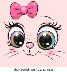 La cara de un lindo gatito de caricatura en un fondo rosado