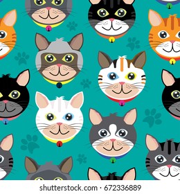 Face of cute cat on blue-green background. Vector seamless pattern of trendy flat design style. Colorful elements for wrapping paper, fabric cloth pattern and decoration design.