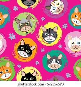 Face of cute cat on pink background. Vector seamless pattern of trendy flat design style. Colorful elements for wrapping paper, fabric cloth pattern and decoration design.