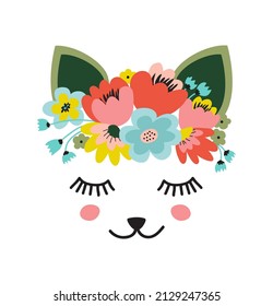 The face of a cute cat, a wreath of flowers on his head. Eyes closed and smiling. Vector illustration on a white background.