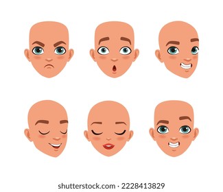 Face of cute child with different face expression set. Cute children characters creation, constructor for animation cartoon vector illustration