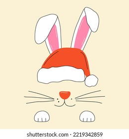 The Face Of A Cute Christmas Rabbit With Santas Hat.Vector In Cartoon Style. All Elements Are Isolated