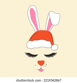 The Face Of A Cute Christmas Rabbit With Santas Hat.Vector In Cartoon Style. All Elements Are Isolated