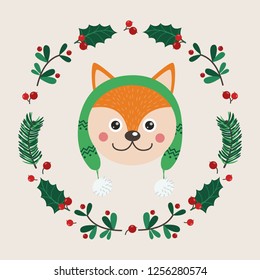 The face of cute fox with a wreath of leaves and twigs. Vector illustration for your design