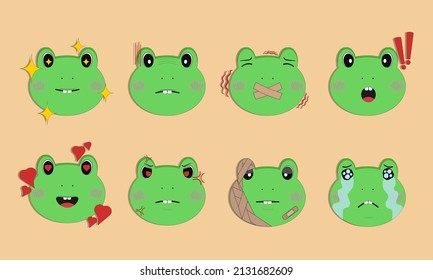 Face of cute frog emoji with different facial expressions. vector illustration