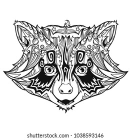 Face of cute and funny original face of raccoon in line art style, vector black and white version illustration isolated on white background