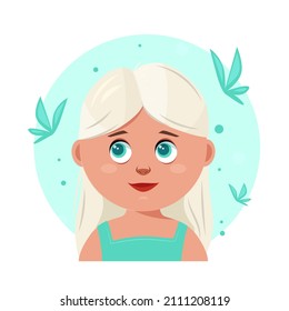 The face of a cute girl. Avatar of a young girl. Portrait. Vector flat illustration