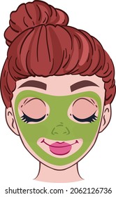 The face of a cute girl with a green cosmetic mask on her face. Vector illustration of characters in cartoon childish style.