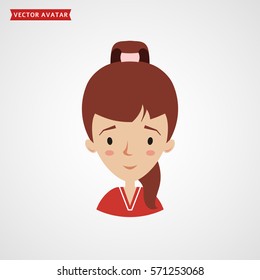 Face of a cute girl with ponytail hairstyle. Vector avatar. Flat icon isolated on white background.