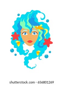 Face of cute girl with smile. Cartoon and flat style. Design element, White background. Vector illustration.
