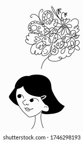 The face of a cute girl and the thoughts in her head. Vector illustration doodle style