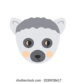 The face of a cute lemur with open eyes. A funny animal in a delicate pastel color. Hand-drawn vector illustration for the design of baby clothes and posters