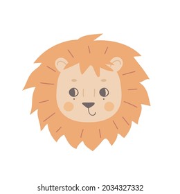 The face of a cute lion cub with open eyes. The head of a funny animal. Vector illustration for the design of children's clothing, nursery and posters