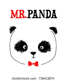 The face of a cute little baby panda with a red bow tie. childish simple hand drawn isolated vector for t-shirts, mugs, phone cases, wall art, baby shower, cards etc. text "mr.panda"