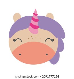 The face of a cute magic unicorn in cartoon style. Vector illustration on a white background . For kids stuff, card, posters, banners, avatars, icons, children books and print for clothes, t shirt.