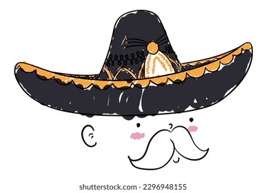 Face of a cute man with mustache, rosy cheeks and big mariachi sombrero in doodle style.