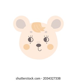 The face of a cute mouse with open eyes. The head of a funny animal. Vector illustration for the design of baby clothes, nursery and posters