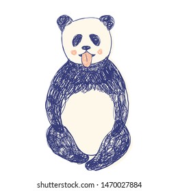 Face of cute panda and lettering for children and adults clothes prints screen in 3 colors - navy, beige and pink in dudles hand drawn style. Fashion illustration drawing in modern style.