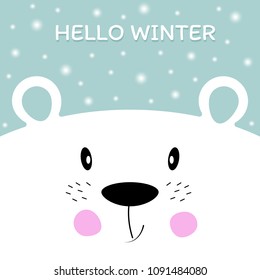 Face cute polar bear and falling snowflakes on the light coloured background. Sweet kids graphics for t-shirts. Greeting card.