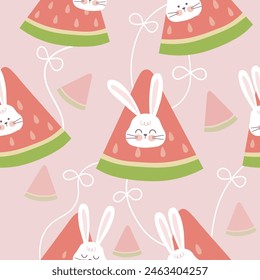 face of cute rabbit in a piece of watermelon with white line and bow seamless pattern , vector illustration 