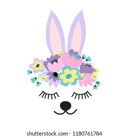 The face of a cute rabbit, a wreath of flowers on his head. Eyes closed and smiling. Vector Flat illustration on a white background.