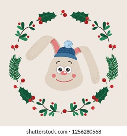The face of cute rabbit with a wreath of leaves and twigs. Vector illustration for your design