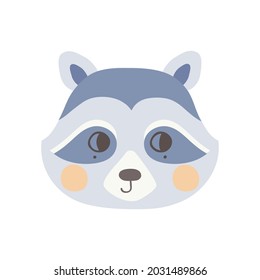 The face of a cute raccoon with open eyes. The head of a funny animal. Hand drawn vector illustration for the design of baby clothes and posters