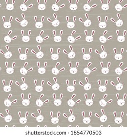 Face of cute sleeping white rabbit on a gray background. Seamless vector baby wallpaper, textile design, textured.