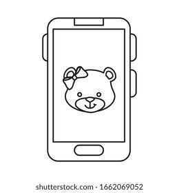 face of cute teddy bear female in smartphone vector illustration design