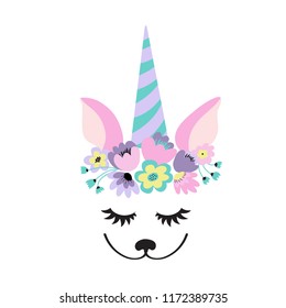 The face of a cute unicorn, a wreath of flowers on his head. Eyes closed and smiling. Vector Flat illustration.