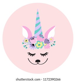 The face of a cute unicorn, a wreath of flowers on his head. Eyes closed and smiling. Vector illustration on a pink background.