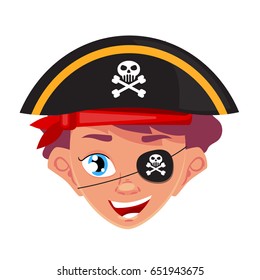 Face of cute young pirate boy, vector illustration isolated on white background