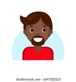 Face of a dark skinned boy with brown hair. Cartoon portrait of a young smiling man. Avatar character for an icon, logo, hand drawn simple flat. Stock vector illustration isolated on white background.