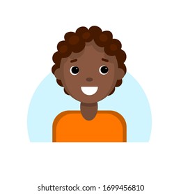 Face of a dark skinned smiling boy. Cartoon portrait of a young african man. Avatar character for an icon, logo, hand drawn simple flat. Stock vector illustration isolated on white background.