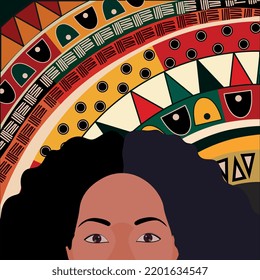 the face of a dark-skinned girl against the background of an African ornament in a flat style