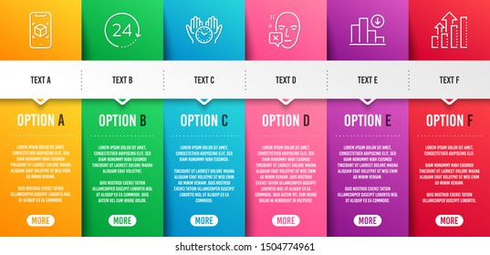 Face declined, Safe time and 24 hours line icons set. Infographic timeline. Augmented reality, Decreasing graph and Analysis graph signs. Identification error, Hold clock, Time. Vector