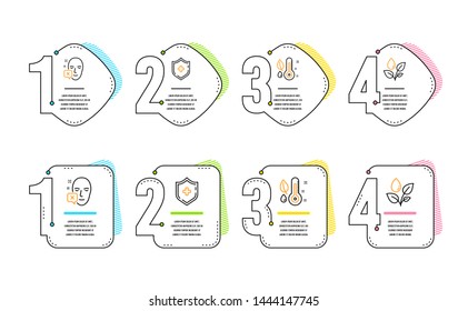 Face declined, Thermometer and Medical shield icons simple set. Plants watering sign. Identification error, Grow plant, Medicine protection. Water drop. Healthcare set. Infographic timeline. Vector