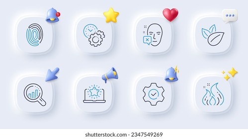 Cara declinada, administración de tiempo e iconos de línea de huellas digitales. Botones con timbre 3d, discurso de chat, cursor. Paquete de análisis de Seo, energía de fuego, icono de la mejor laptop. Ejecutar, pictograma de producto orgánico. Vector