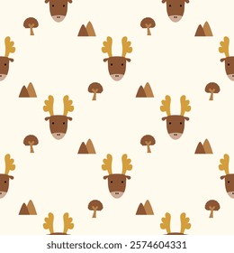 Face deer cartoon so cute. On mountain tree background. Pattern seamless vector illustration. 