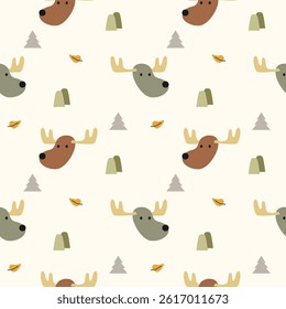 Face deer cartoon so cute. On mountain tree leaf background. Pattern seamless vector illustration. 