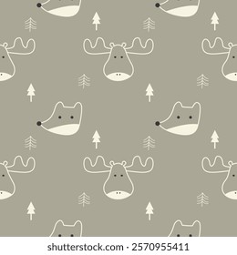 Face deer and fox cartoon so cute. On tree background. Pattern seamless vector illustration. 