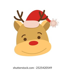 Face of a Deer with Red Hat. Funny Animal Muzzle. Hapy Holiday Vector Illustration.