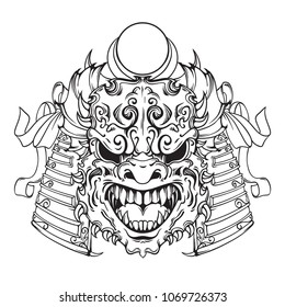 Face of demon, samurai face mask in line art style, black and white version, vector illustration isolated on white background