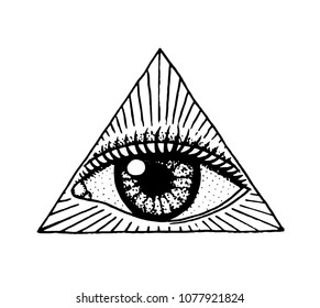 Face detailed. seeing eye in the triangle. Fashion Tattoo artwork for Girls. Engraved hand drawn in old vintage sketch. Vector surreal illustration, badges, print for t-shirt.