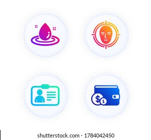Detección de caras, energía de combustible e iconos de tarjetas de identificación simple conjunto. Botón con puntos de semitono. Comprando un signo de accesorio. Seleccionar objetivo, petróleo, documento humano. Cartera con monedas. Conjunto de negocios. Vector